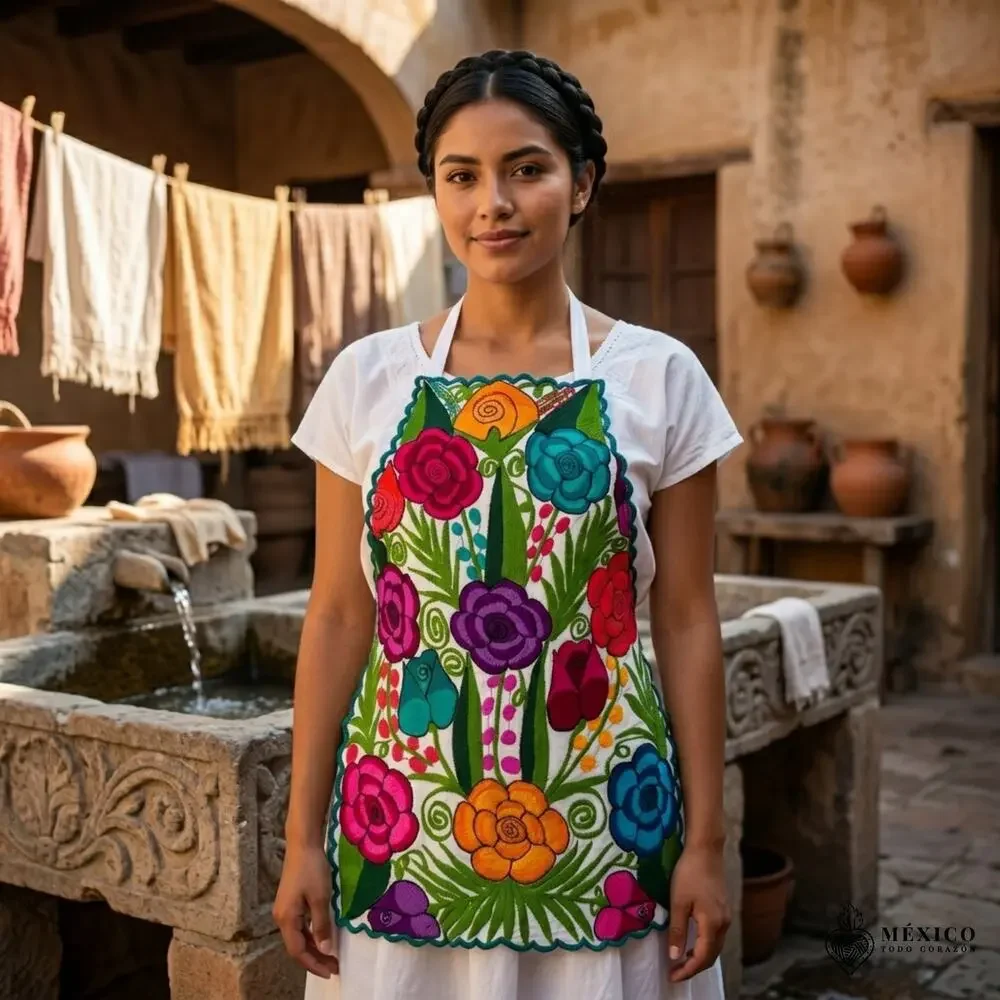 Mexican Embroidered Bib Apron for Women – Multicolor with Floral Design S M